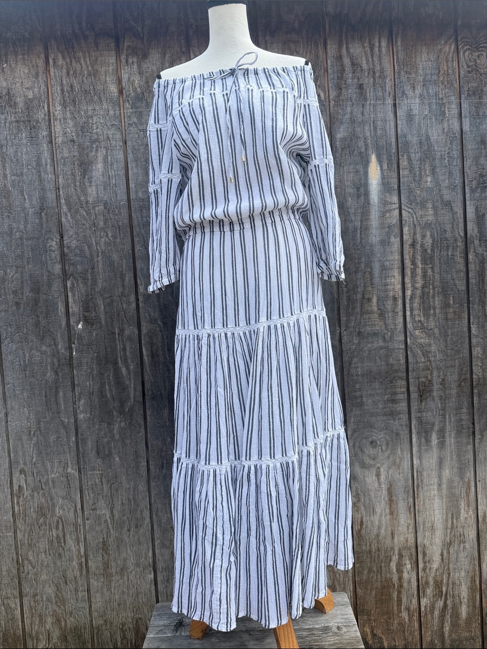 Lauren Ralph Lauren White Maxi Dress with Blue Stripes Ruffled Tiered Hem Sz 14